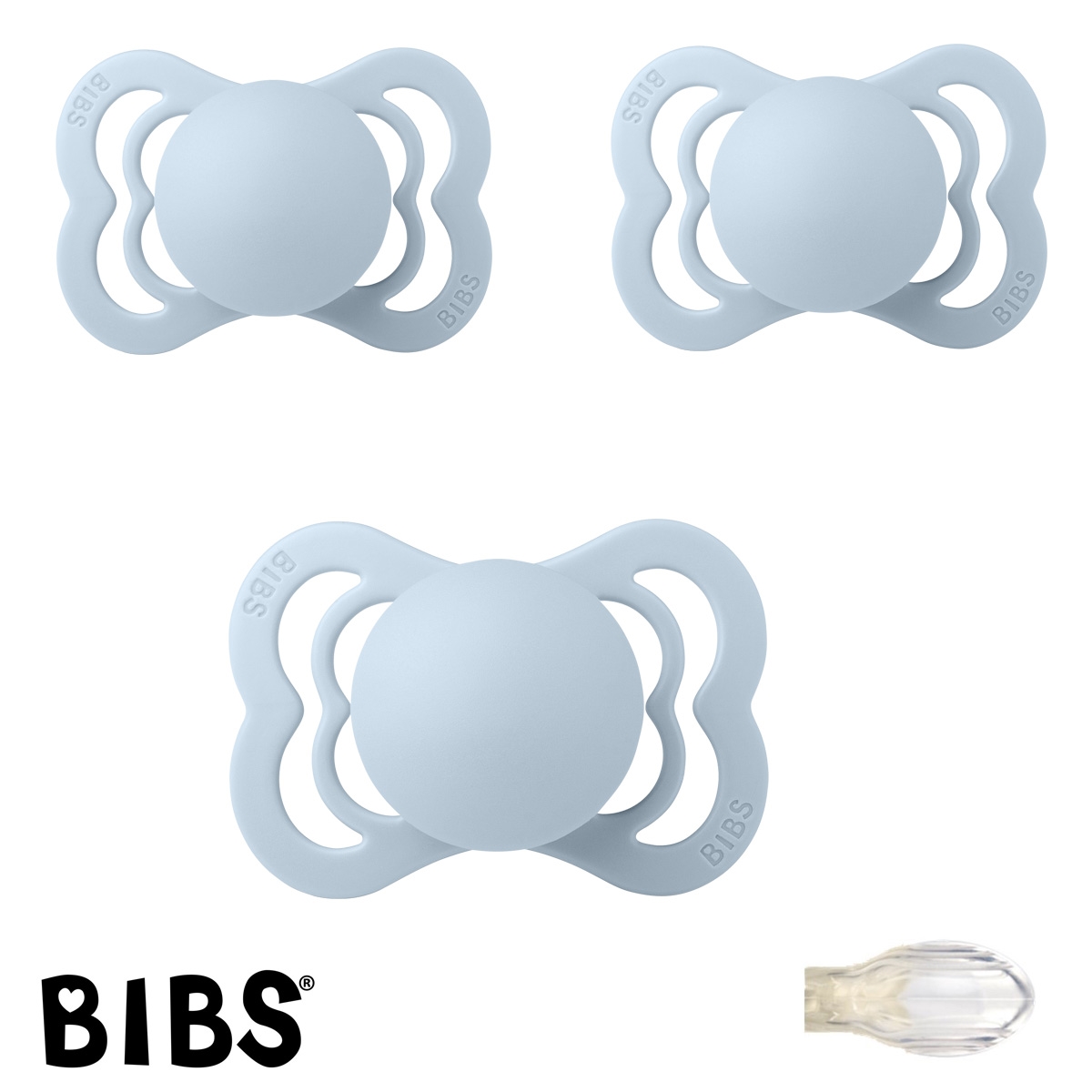 BIBS Supreme Sutter med navn, 3 Baby Blue, Symmetrisk Silikone str.1 Pakke med 3 sutter